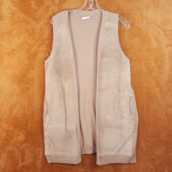 XETRA Womens Vest Large Tan Suede Tunic Open Stretch Knit Body Pockets - Picture 1 of 9